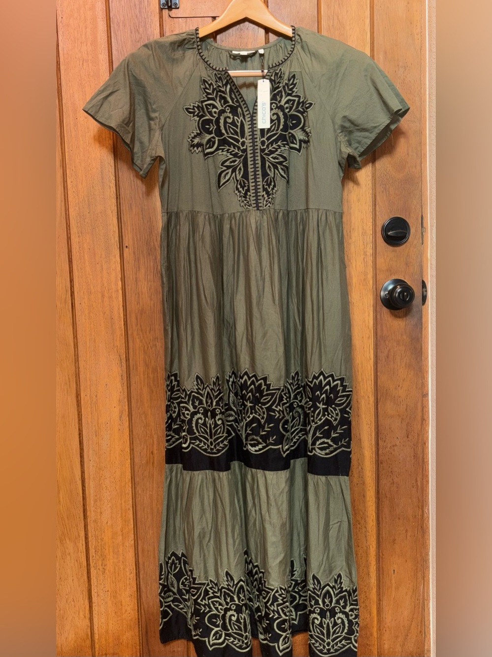 Chico's Olive Maxi Dress with Black Floral Embroidery